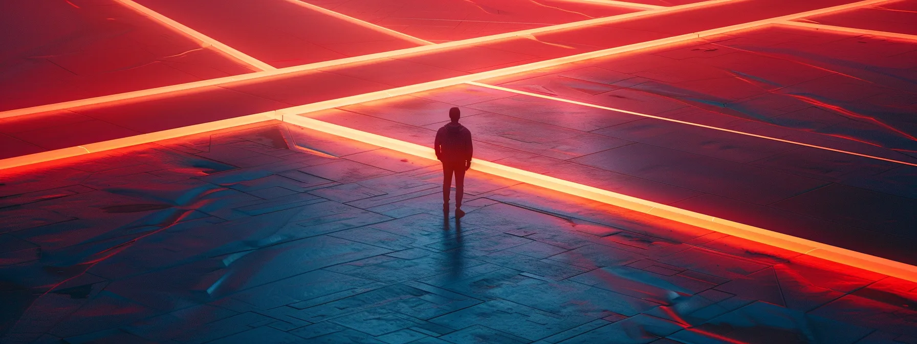 a person standing at a crossroads, with one path leading to a traditional road and the other to a futuristic, innovative path.