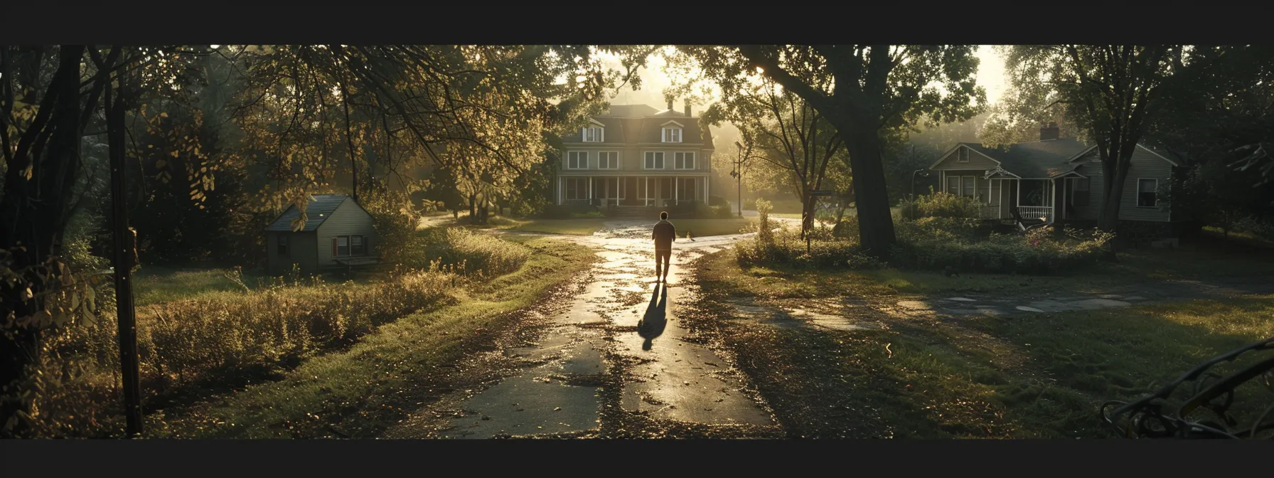 a person standing at a crossroads, with one path leading to a grand mansion representing long-term financial goals, and the other path leading to a simple cottage representing short-term financial goals.