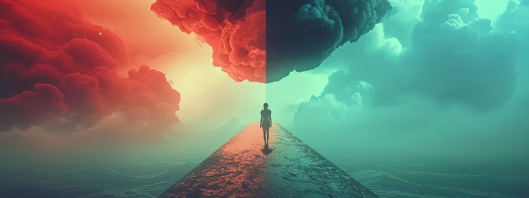 a person standing at a crossroads, with one path leading to a bright, balanced brain and the other to a clouded, unbalanced brain, symbolizing the importance of choosing personal responsibility in shaping your reality.