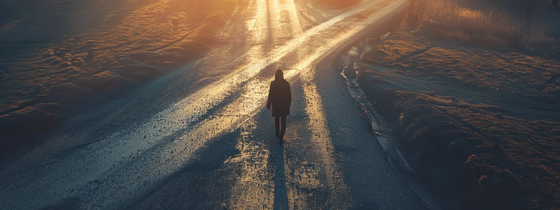 a person standing at a crossroads, surrounded by shadows and light, symbolizing the influence of paradigms on personal growth.