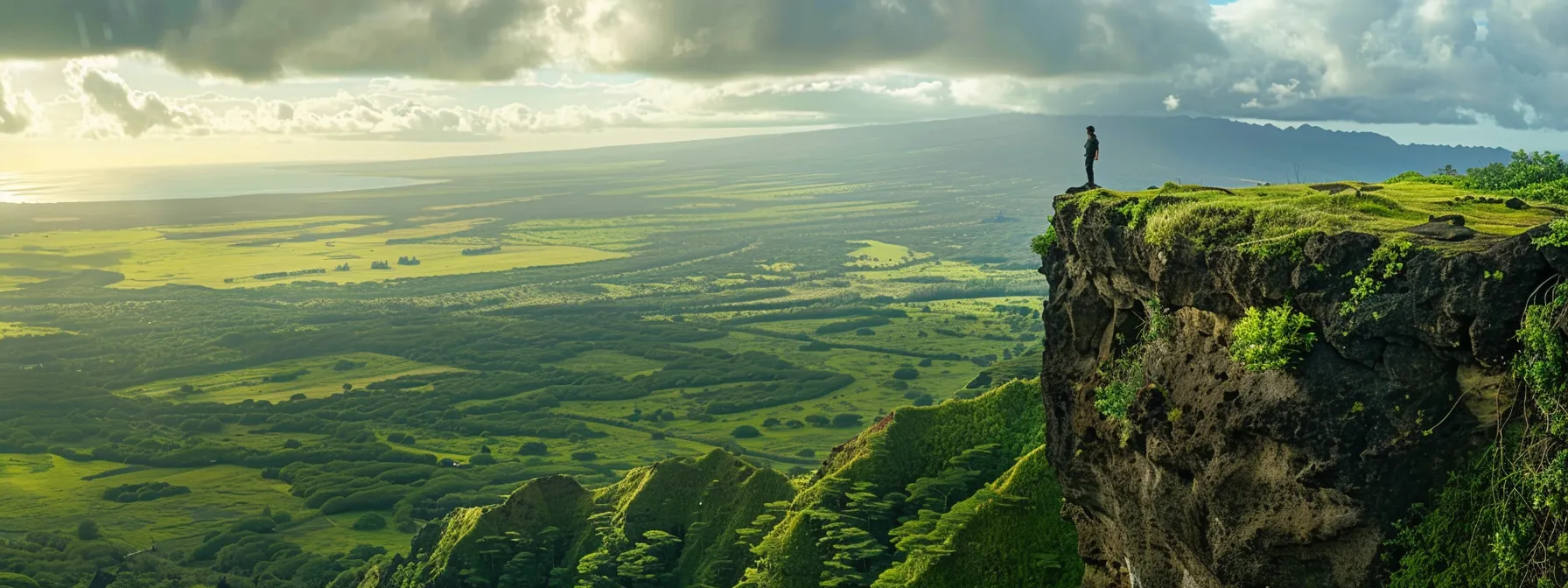 a person standing at the edge of a lush green cliff, looking out at a vast, endless horizon with a sense of determination and wonderment.