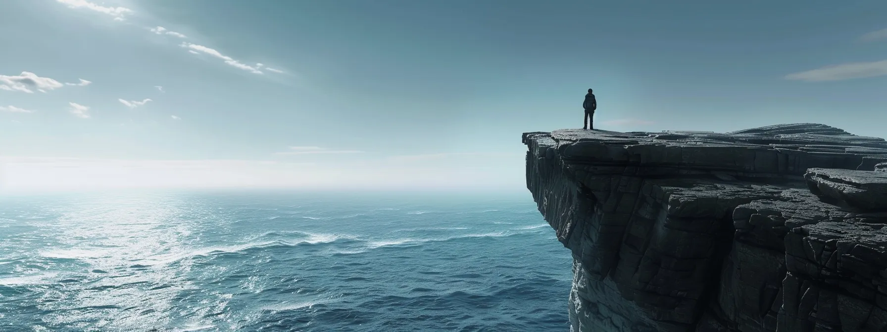 a person standing at the edge of a cliff, gazing out at a vast, promising horizon, embodying the essence of igniting desire for wealth creation.