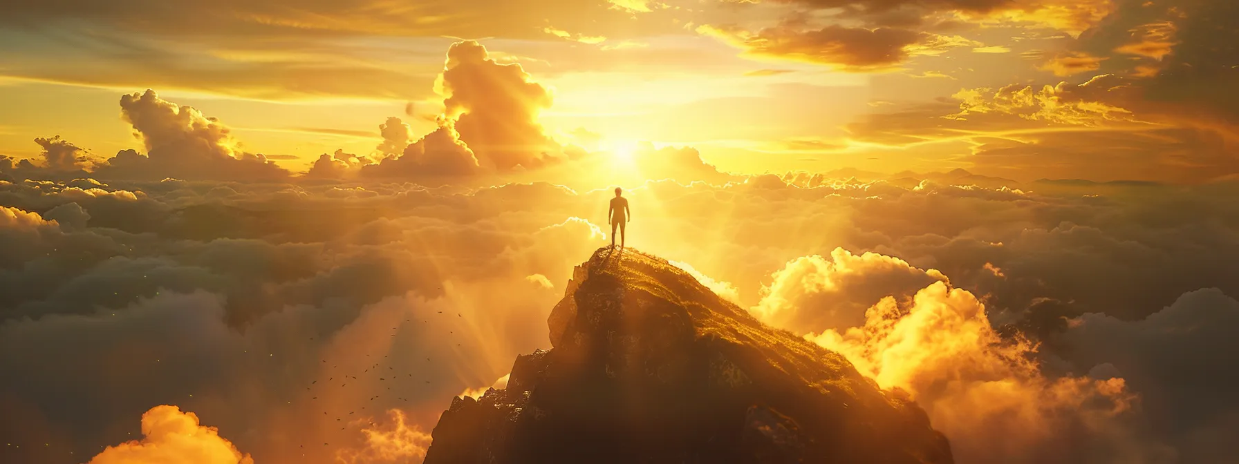 a person standing atop a serene mountaintop at sunrise, surrounded by golden light, expressing deep gratitude and joy.