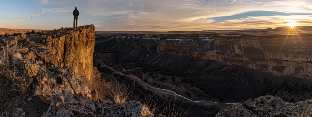 a person standing confidently at the edge of a cliff, overlooking a vast landscape of possibilities and opportunities.