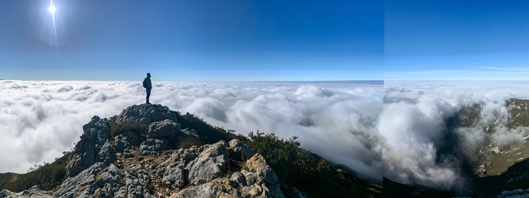 a person standing confidently atop a mountain, surrounded by clouds, symbolizing harnessing the power of faith to enhance efficiency.