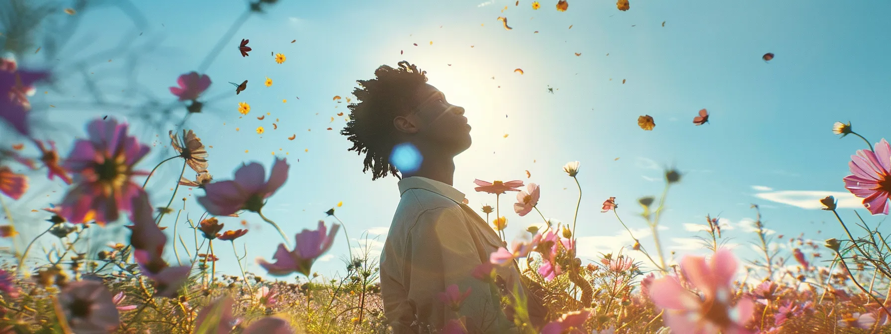 a person standing confidently in a field of blooming flowers, looking up towards a clear blue sky filled with golden sunlight.