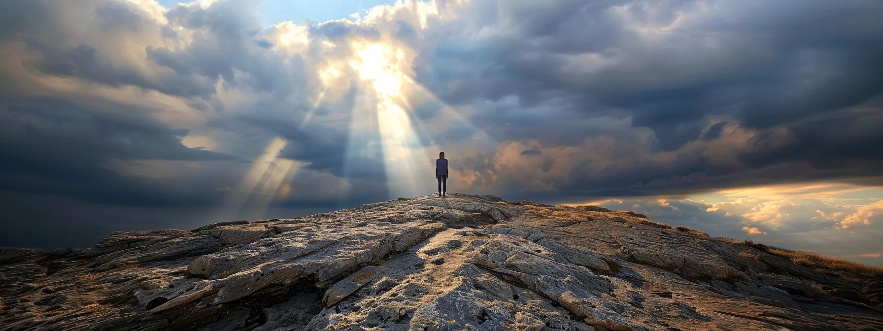 a person standing confidently on a rocky path, with rays of light breaking through dark clouds symbolizing overcoming common challenges in subconscious transformation.