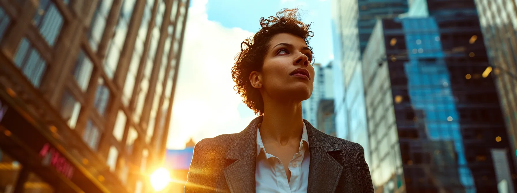 a person standing confidently on a busy city street, surrounded by skyscrapers, with a look of determination and success on their face.