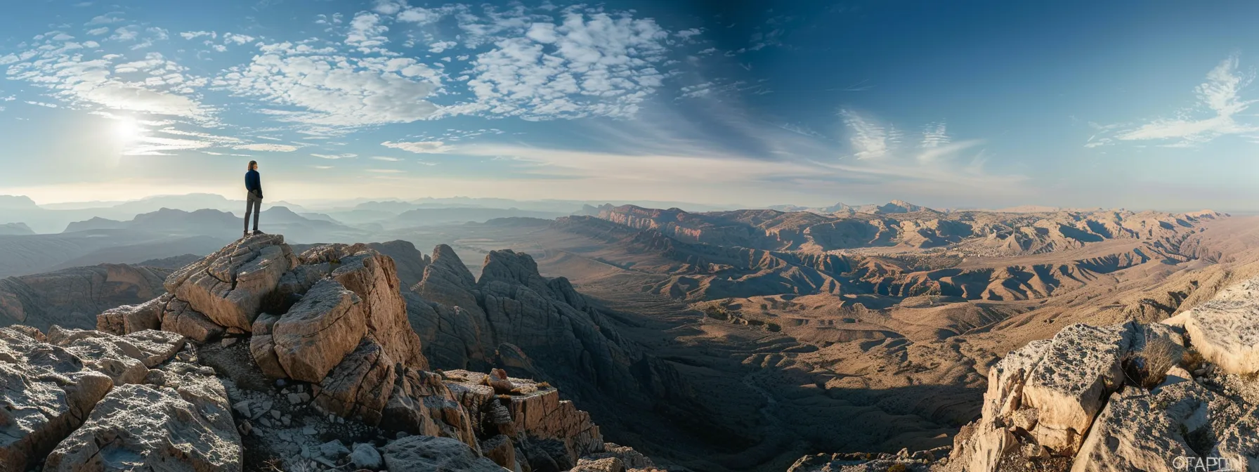 a person standing confidently on top of a mountain, gazing out at a vast landscape filled with endless possibilities.