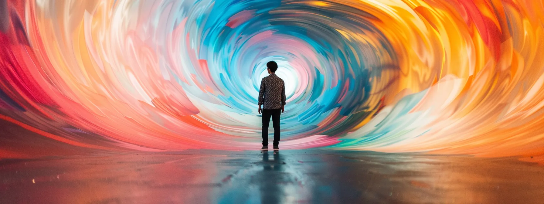 a person standing confidently, surrounded by swirling colors symbolizing positive changes, while practicing daily psych-k techniques.