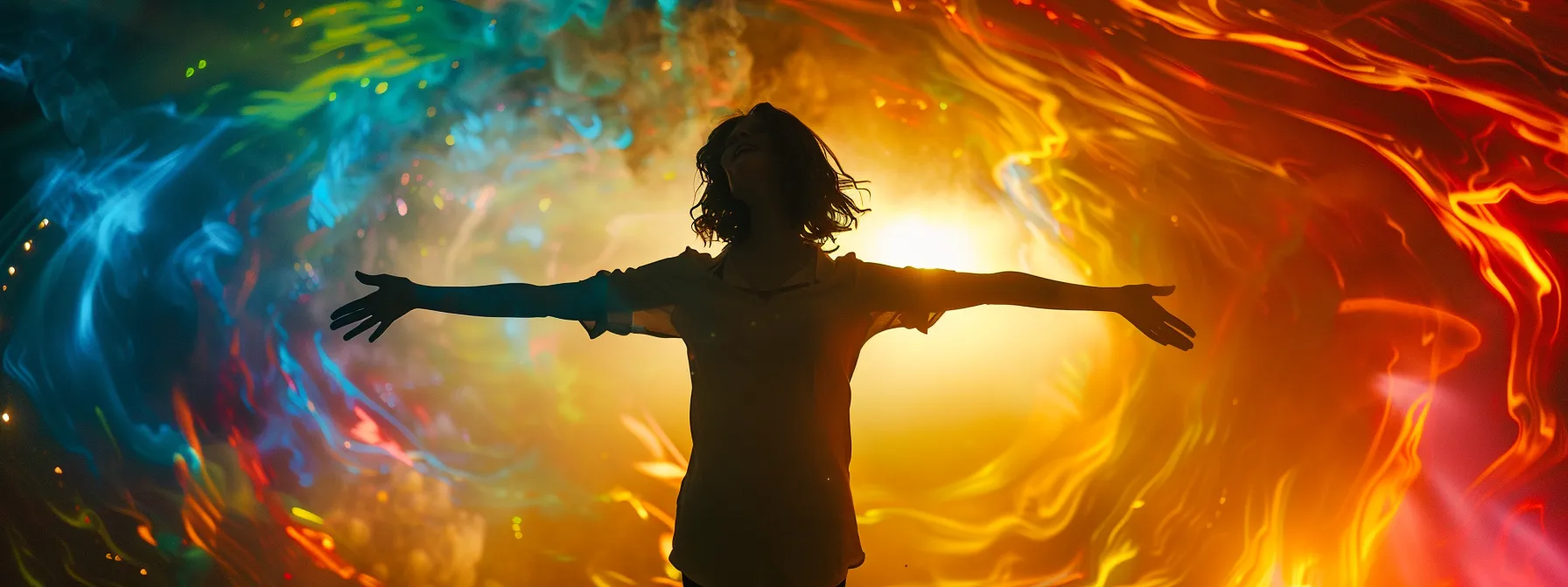 a person standing confidently with arms open, surrounded by colorful, swirling energy representing transformed beliefs and mindset through psych-k techniques.