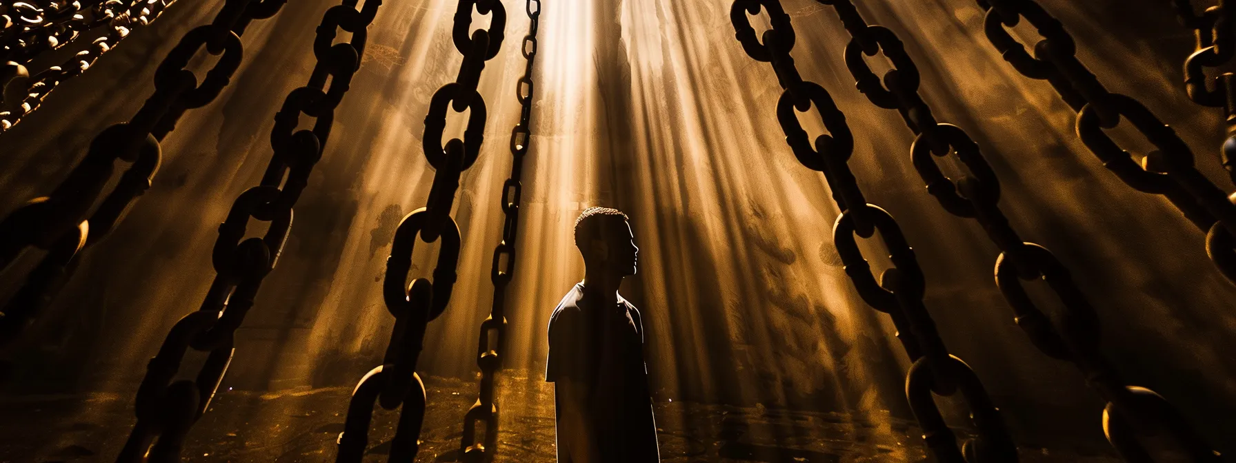 a person standing in a beam of light, surrounded by dark, heavy chains symbolizing limiting beliefs.