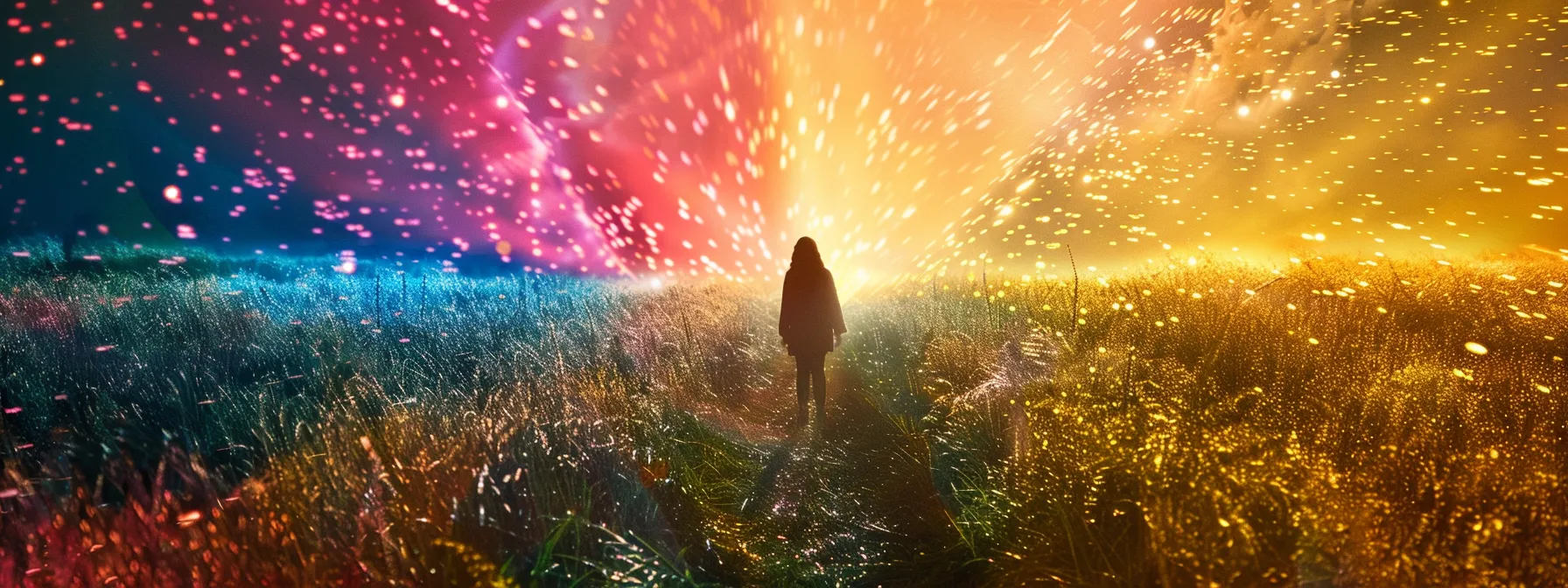 a person standing in a field, surrounded by vibrant rays of light symbolizing success and manifestation through the law of attraction.