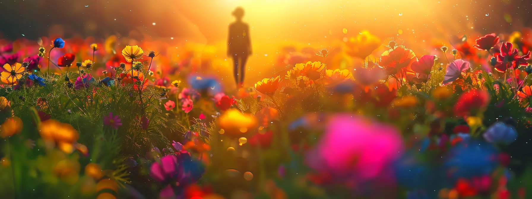 a person standing in a field of vibrant blooming flowers, visualizing their goals and dreams with a powerful energy radiating around them.