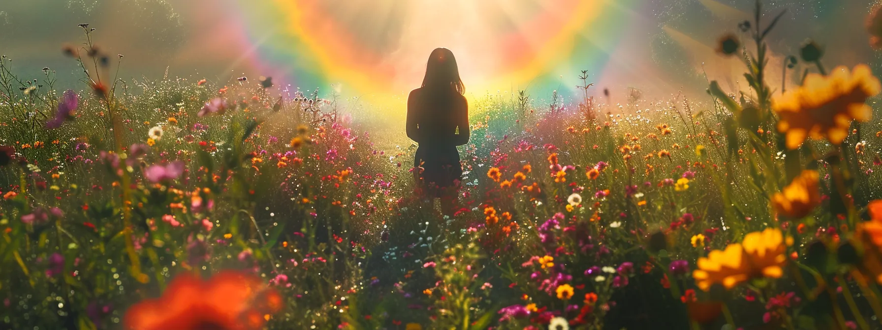 a person standing in a field of blooming flowers, radiating positivity and gratitude, surrounded by a shimmering aura of manifestation and alignment with their desires.