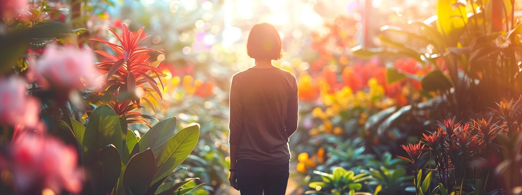 a person standing in a lush, vibrant garden, surrounded by blooming flowers and sunshine, exuding a positive attitude and inspiring mindset.