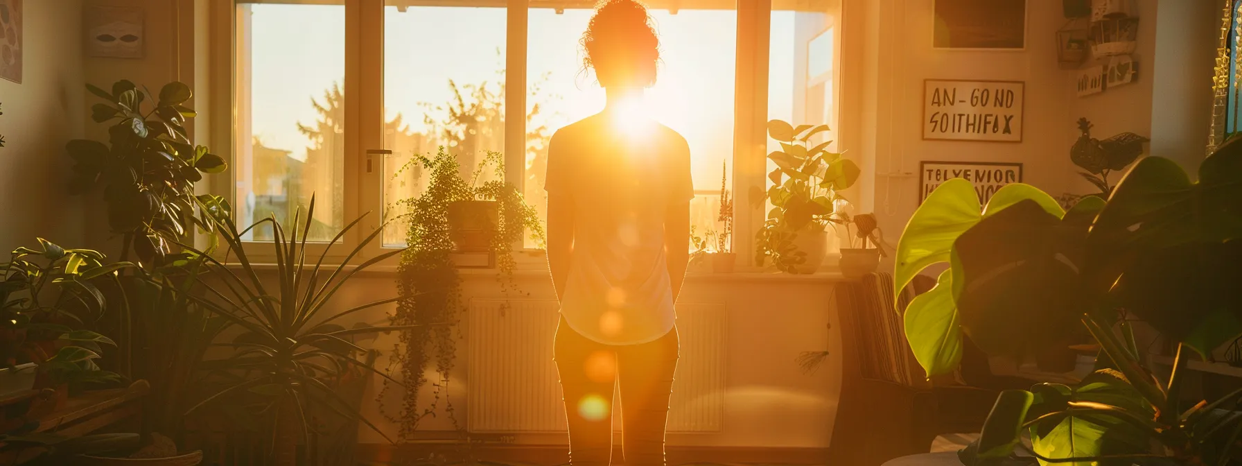 a person standing in a peaceful, sunlit room surrounded by positive affirmations and motivational quotes, reflecting personal growth through the practice of psych-k.