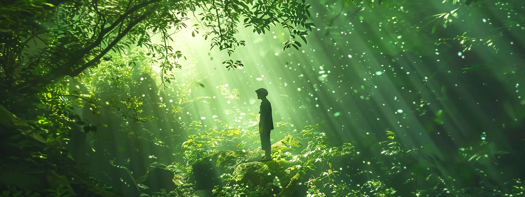 a person standing in a peaceful forest, surrounded by vibrant greenery and sunlight filtering through the trees, symbolizing inner transformation and tapping into one's potential through subconscious reprogramming with psych-k.