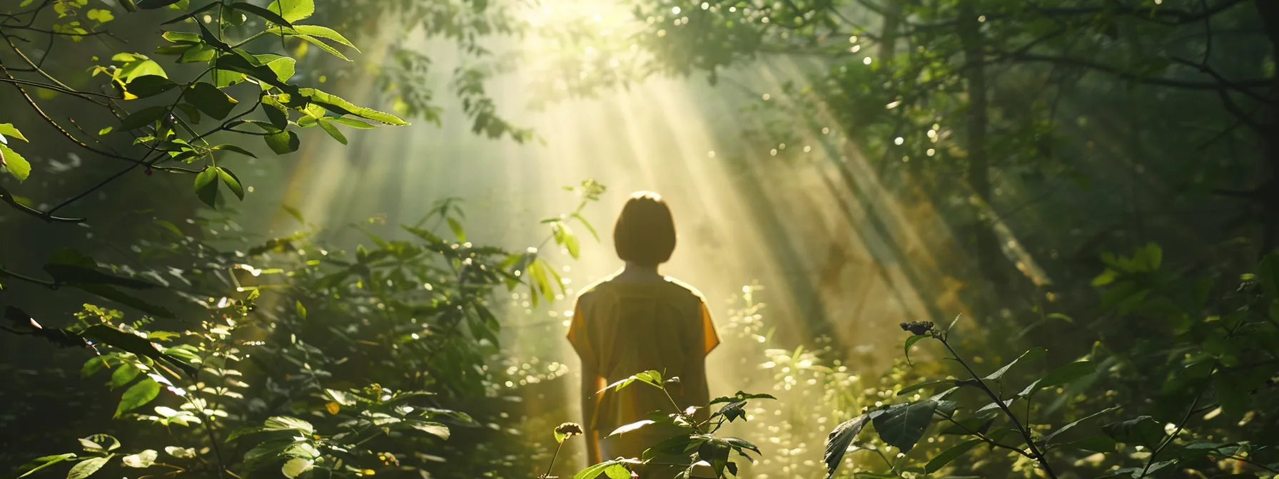 a person standing in a peaceful forest, surrounded by vibrant green trees and sunlight streaming through the leaves, symbolizing inner healing and emotional resilience through psych-k techniques.