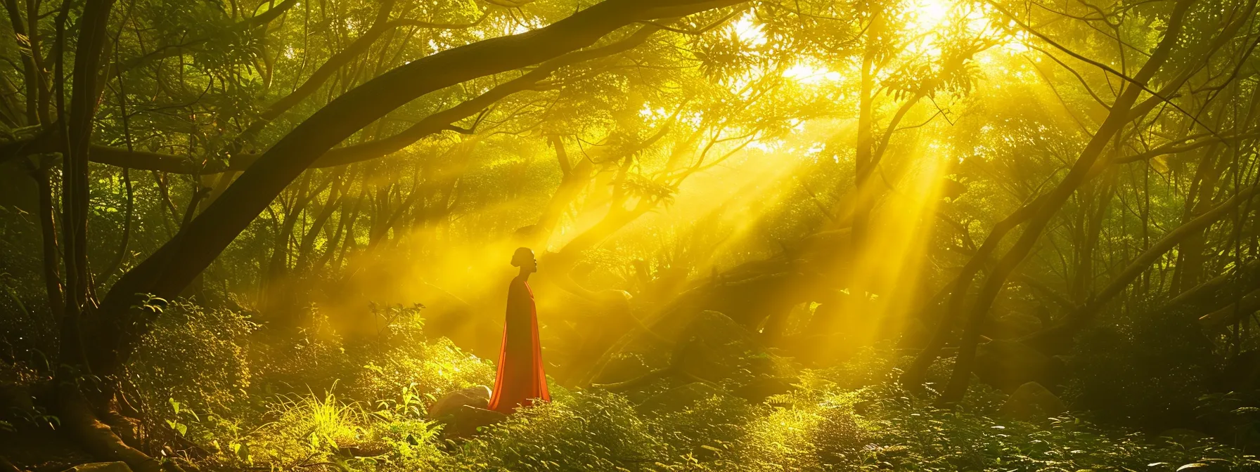 a person standing in a serene forest, surrounded by beams of golden light piercing through the trees, symbolizing inner transformation through the psych-k process.