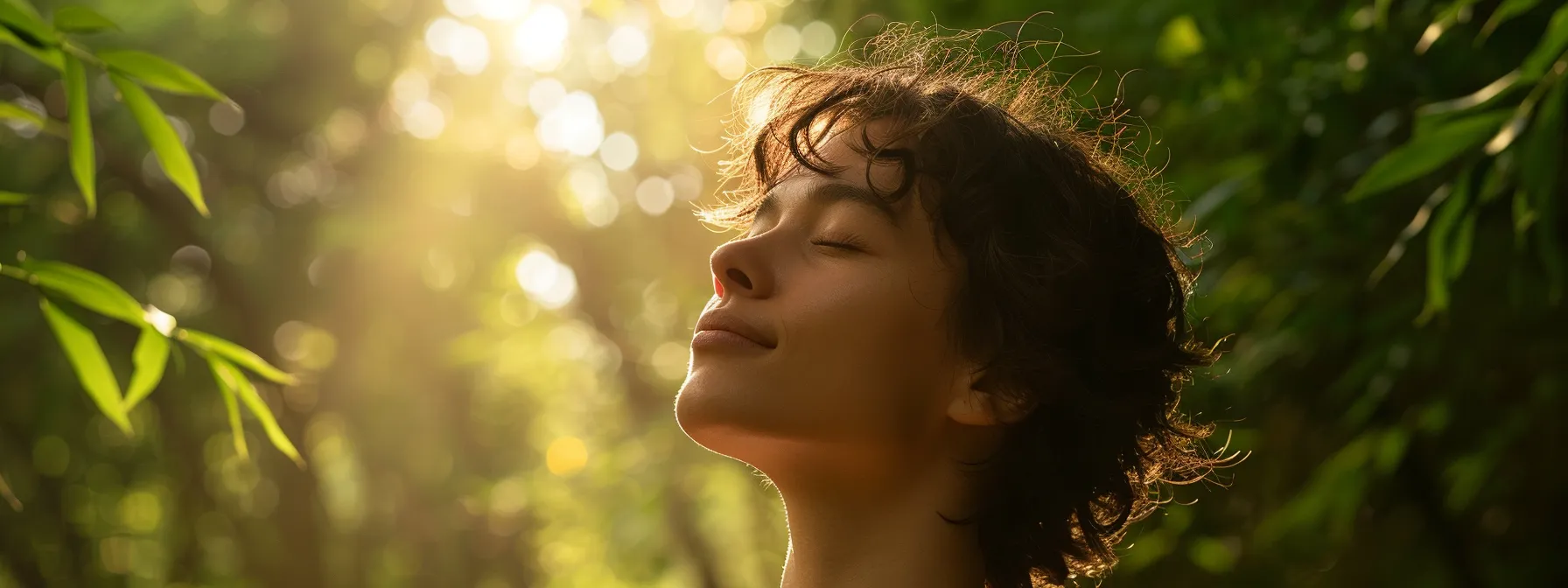 a person standing in a serene forest, eyes closed, tuning into subtle signs from their subconscious mind for guidance.