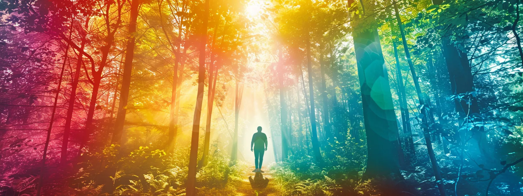 a person standing in a sunlit forest, surrounded by a blend of vibrant colors, symbolizing personal transformation and growth.