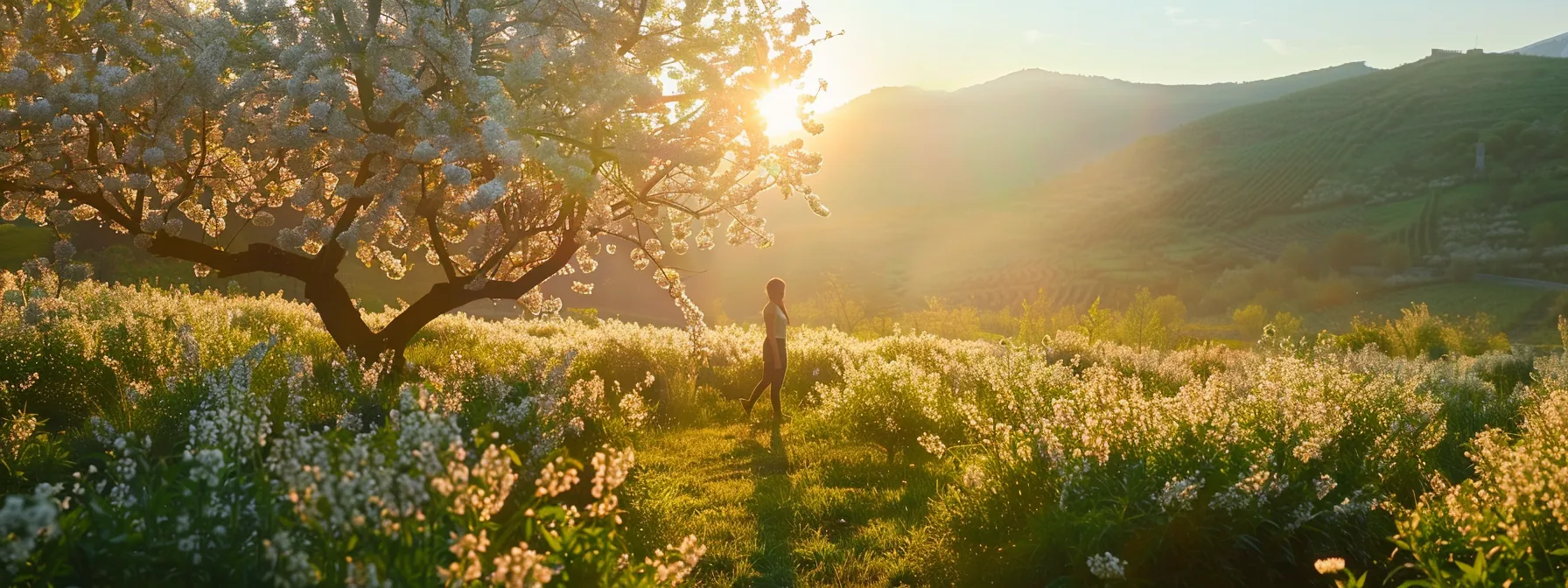 a person standing in a sunlit field, surrounded by blooming flowers and overflowing fruit trees, symbolizing abundance and prosperity.