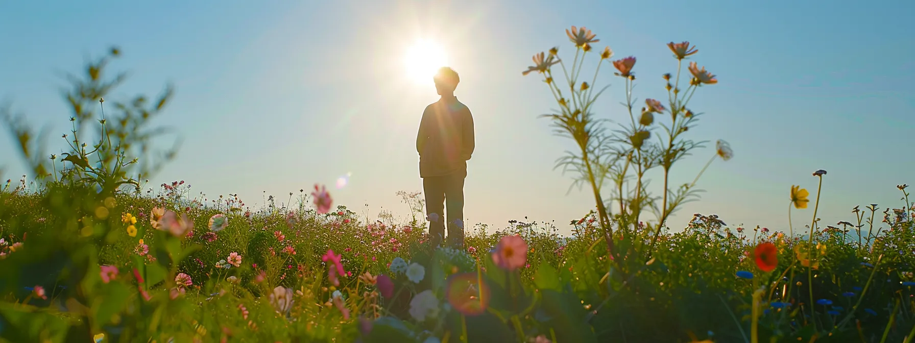 a person standing in a sunlit field, surrounded by blooming flowers and a clear blue sky, with a radiant aura of confidence and abundance glowing from within.