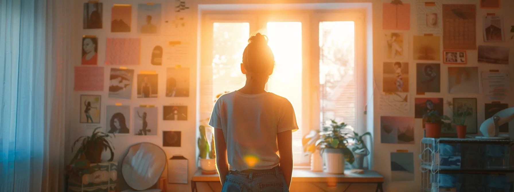 a person standing in a sunlit room, surrounded by vision boards and affirmations, with a look of determination and confidence, embodying the principles of abundance in daily life.