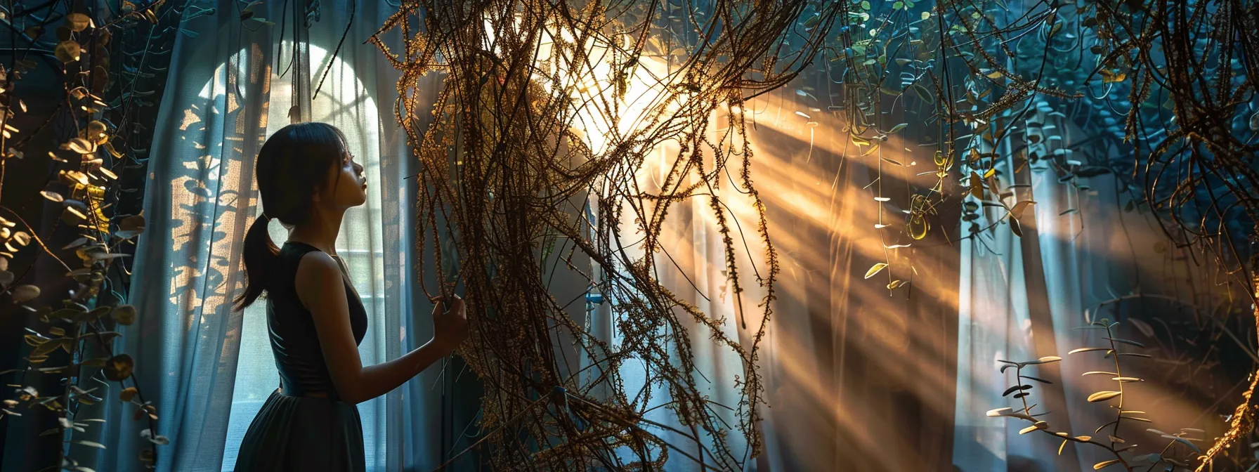 a person standing in front of a mirror, tearing down a curtain of dark, tangled vines to reveal a bright and vibrant garden hidden behind.