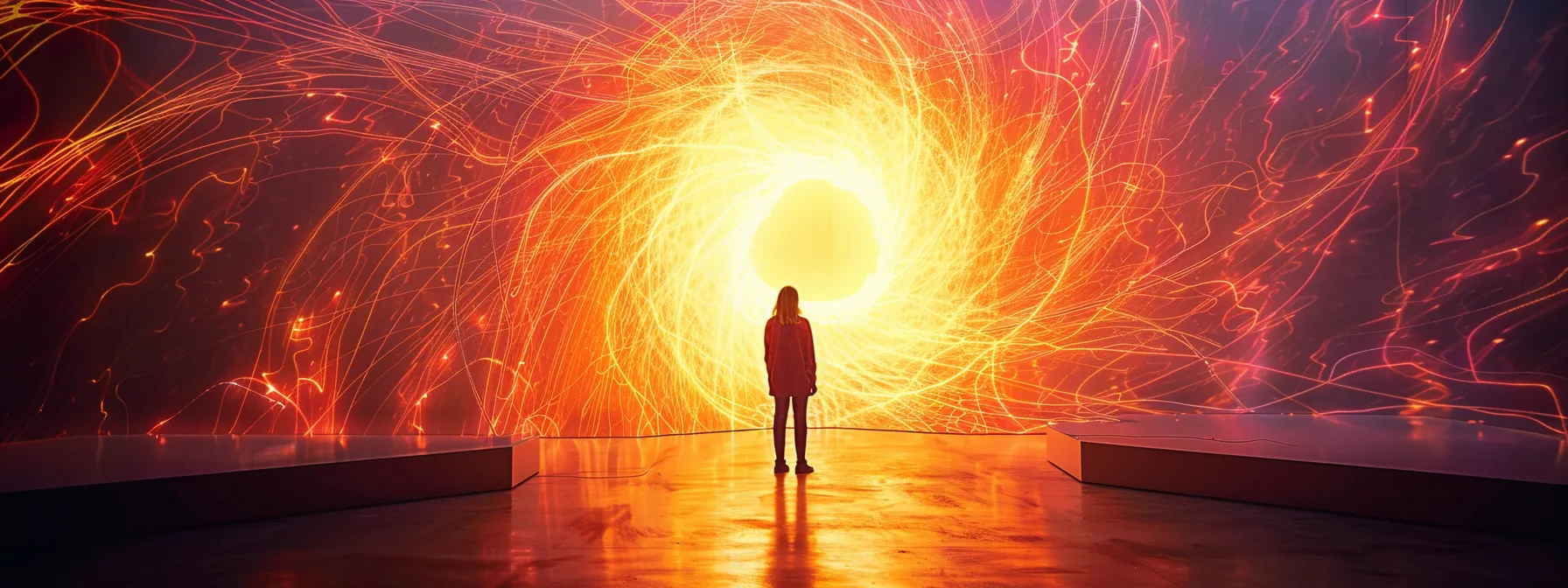 a person standing in front of a vibrant, magnetic force field, illustrating the laws of vibration and attraction in action.