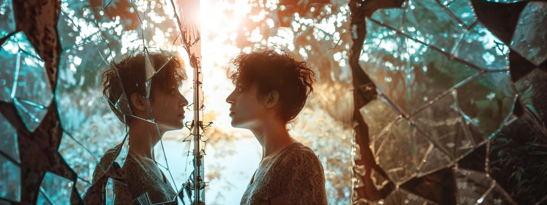 a person standing in front of a mirror, staring confidently at their reflection while surrounded by shattered glass representing breaking free from limiting beliefs and embracing empowerment.