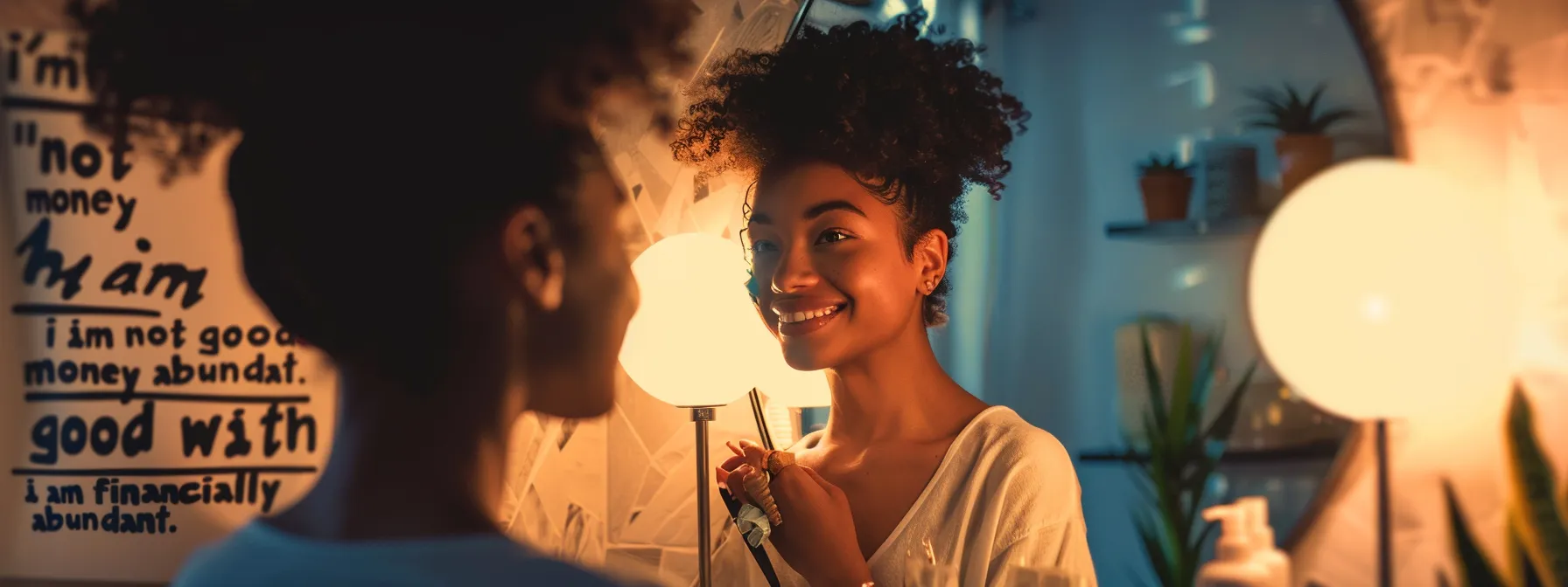 a person standing in front of a mirror, crossing out 