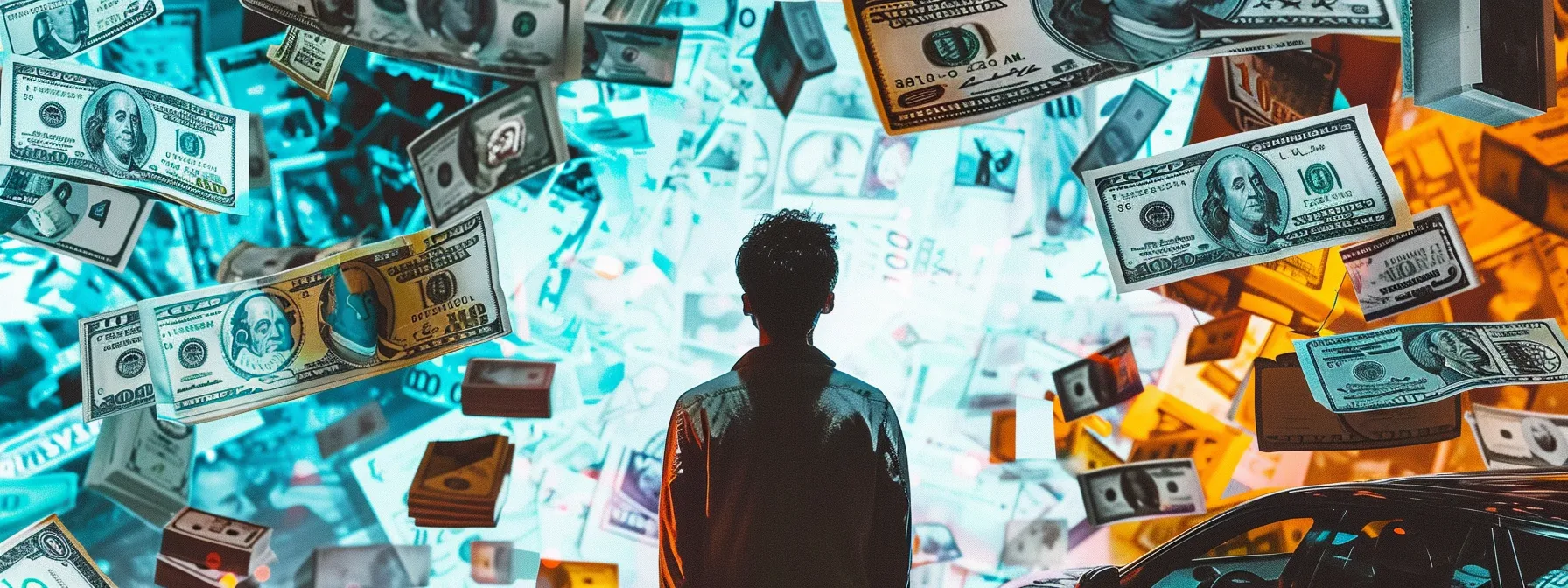 a person standing in front of a vision board covered with inspiring affirmations and images representing financial success, surrounded by symbols of wealth like stacks of money and keys to a luxury car.