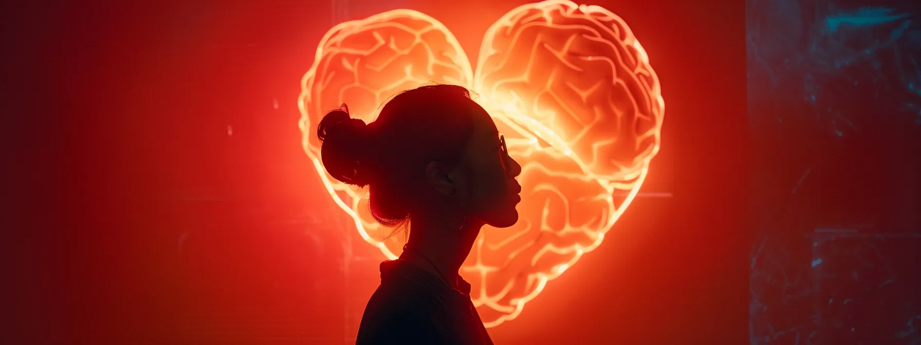 a person standing in front of a glowing heart-shaped brain, symbolizing the connection between trauma and heart-brain coherence.