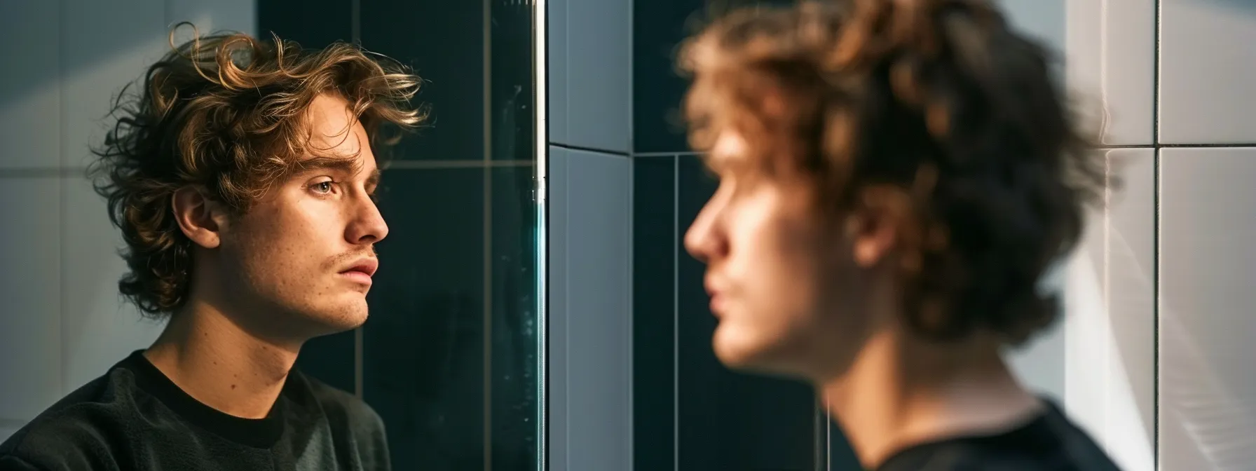 a person standing in front of a mirror, staring at their reflection with determination and self-reflection.