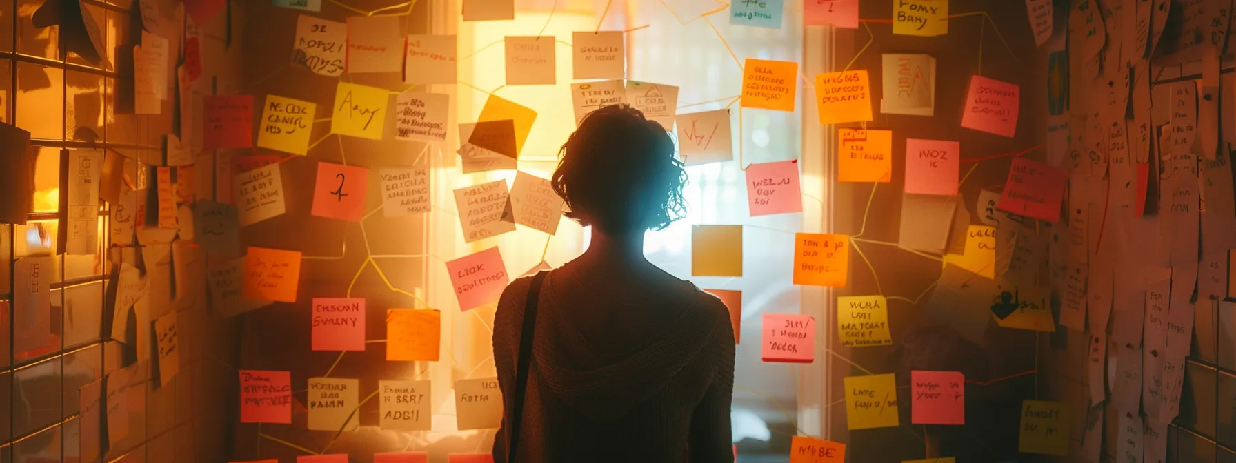 a person standing in front of a mirror, surrounded by positive affirmations and financial goals written on sticky notes, reflecting determination and focus on financial success.