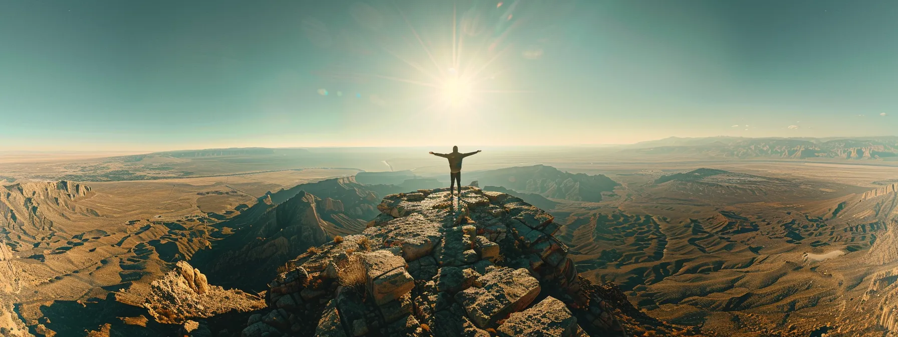 a person standing on a mountain peak, arms outstretched towards the sun, embracing the vast, limitless possibilities of personal growth.