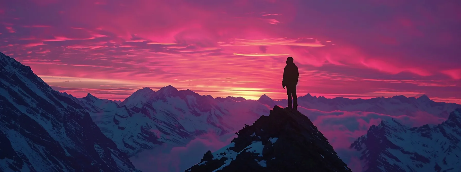 a person standing on a mountain peak, gazing at the vibrant sunrise, symbolizing the transformative power of psych-k on the subconscious mind.