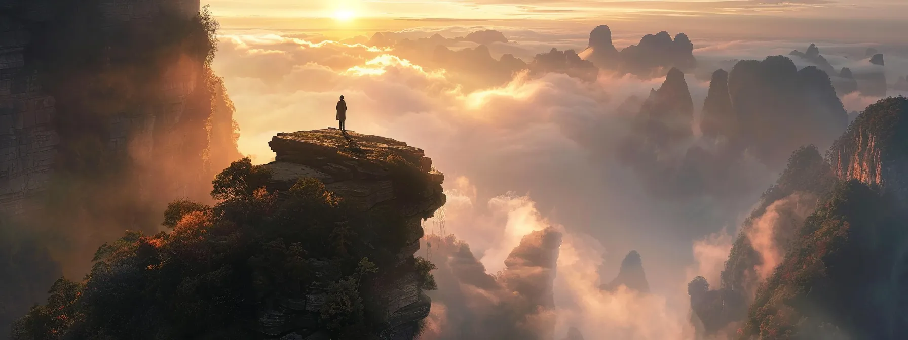 a person standing on a mountain peak, with a breathtaking view of the world below, symbolizing personal growth and transformation through psych-k.