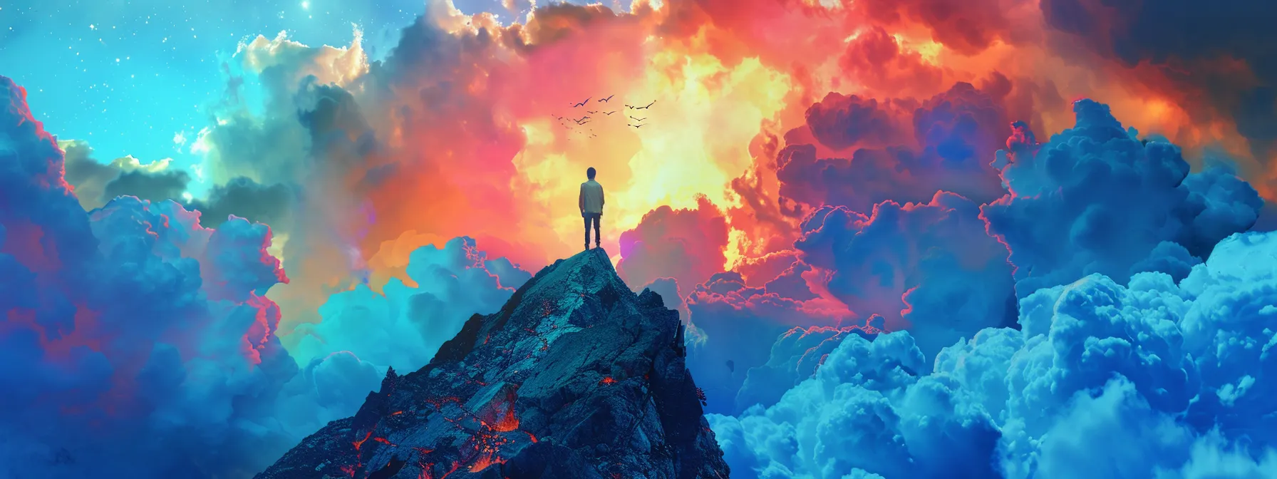 a person standing on a mountain peak, surrounded by a breathtaking view of colorful clouds and vibrant landscapes, symbolizing the power of harnessing thoughts to shape reality.