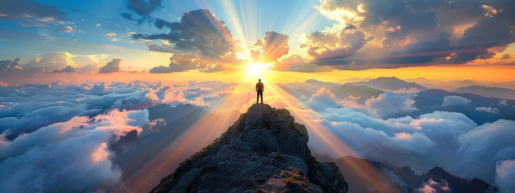 a person standing on a mountain peak, surrounded by a vast landscape of wealth and abundance, with rays of sunlight illuminating their path towards financial success.