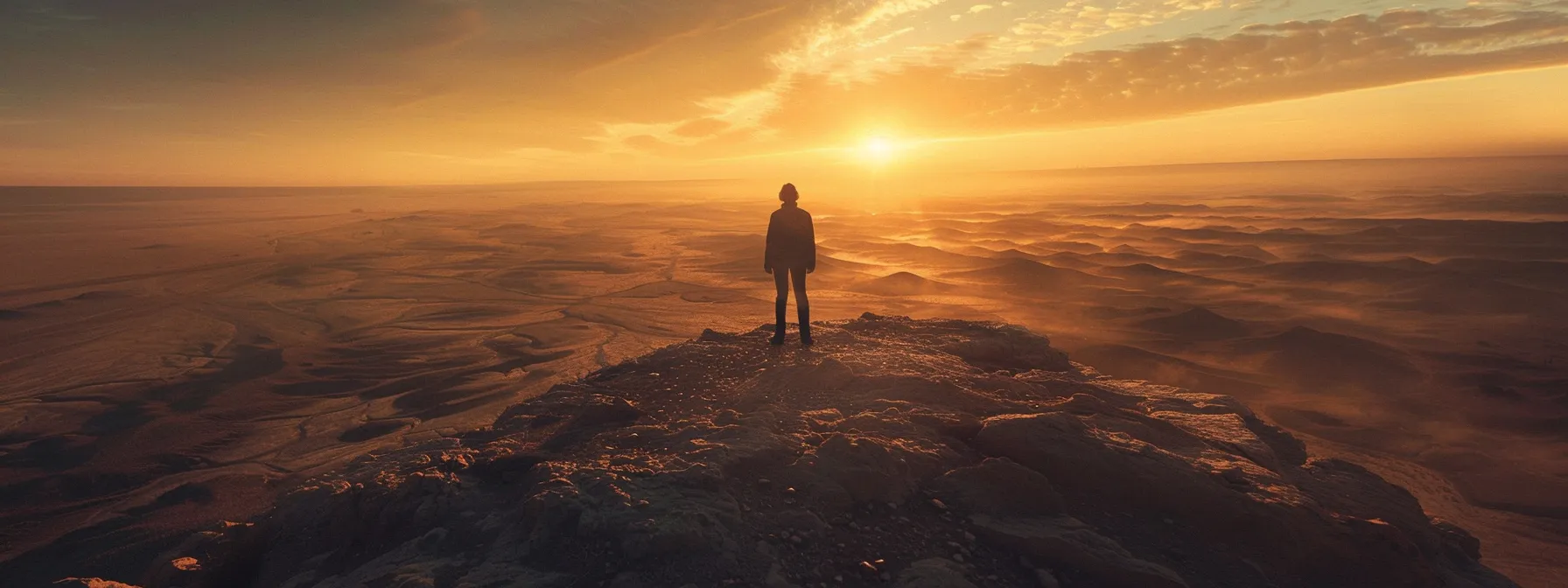 a person standing on a mountaintop, gazing out at a vast horizon, symbolizing a powerful paradigm shift in personal transformation.