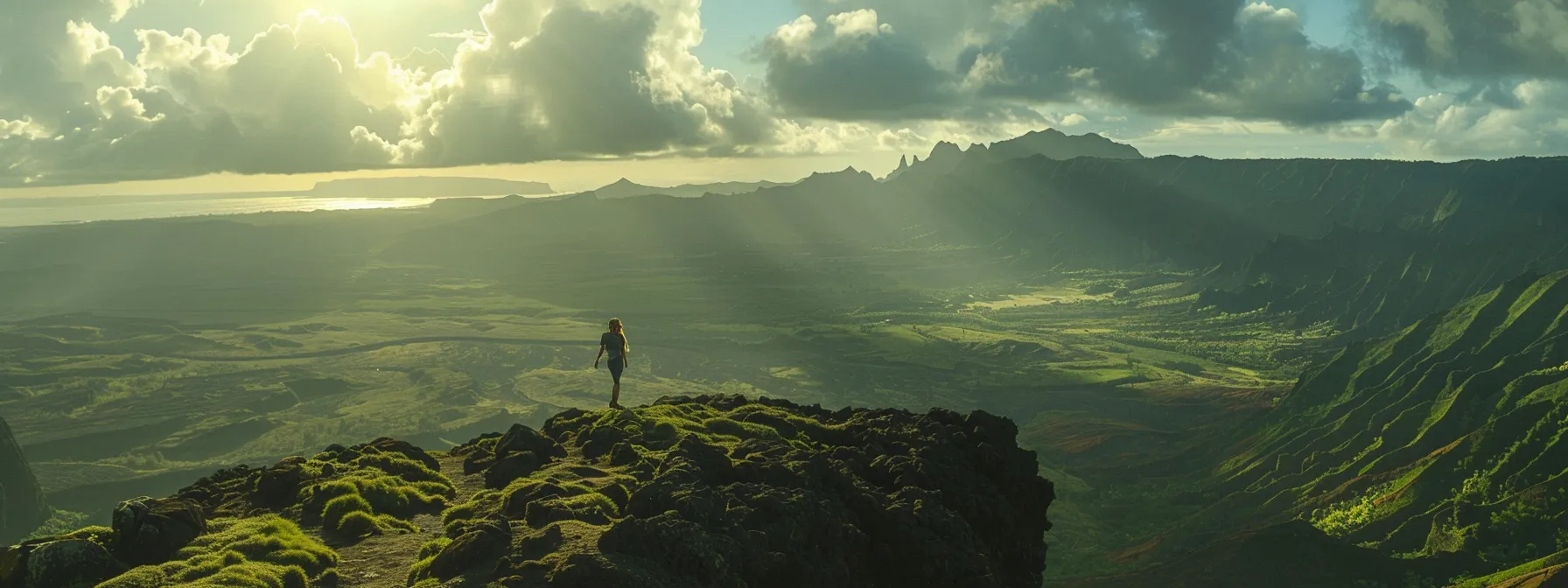 a person standing on a mountaintop, overlooking a vast landscape filled with opportunities and possibilities, symbolizing the abundance and empowerment of a wealth mindset.