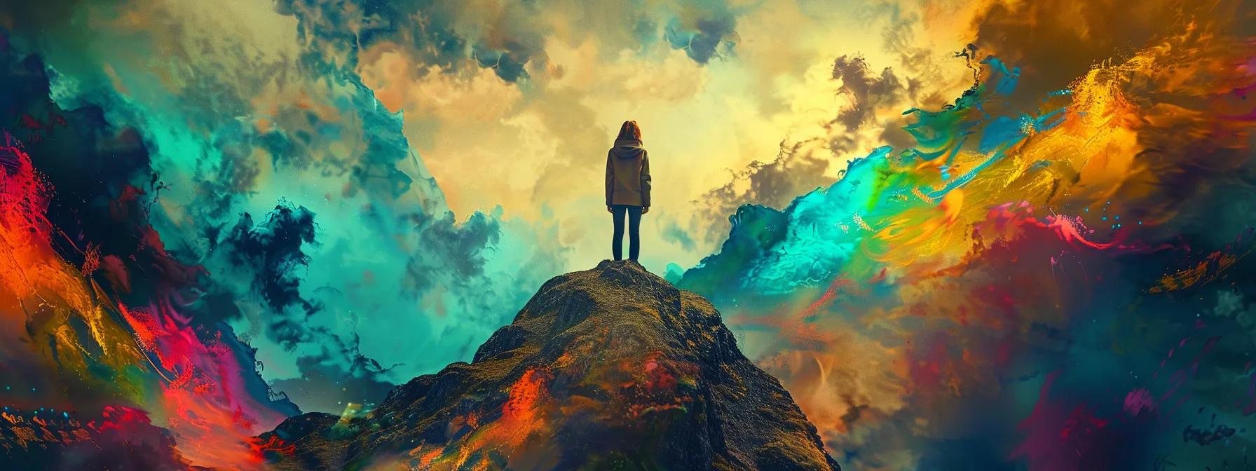 a person standing on a mountaintop, surrounded by vibrant, swirling colors of positivity and growth, symbolizing the journey of enhancing life through subconscious programming.