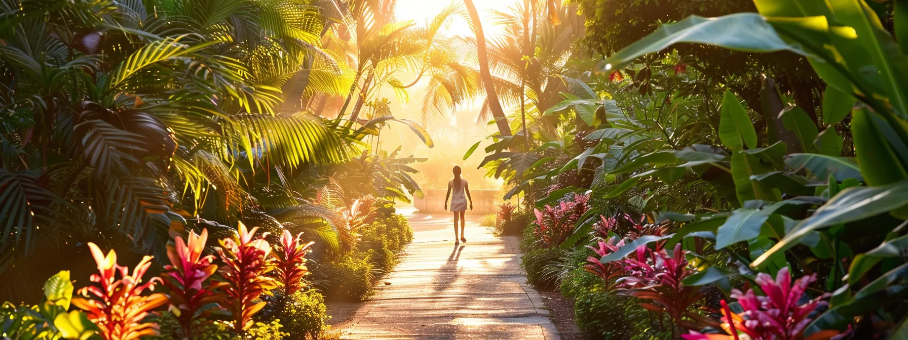 a person standing on a path at sunrise, surrounded by lush greenery and colorful flowers, with a clear sky overhead symbolizing a journey of personal growth and transformation with psych-k.