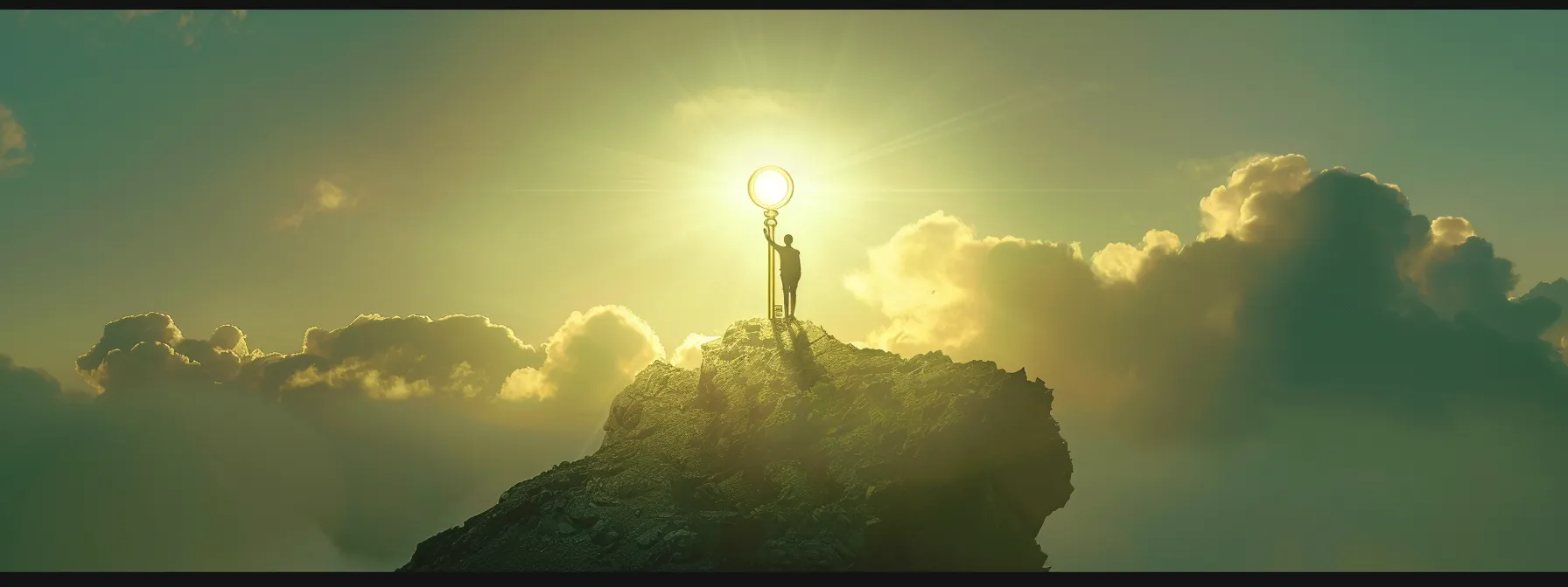 a person standing on top of a mountain, holding a shining golden key, symbolizing the power of belief systems in wealth creation and unlocking potential.