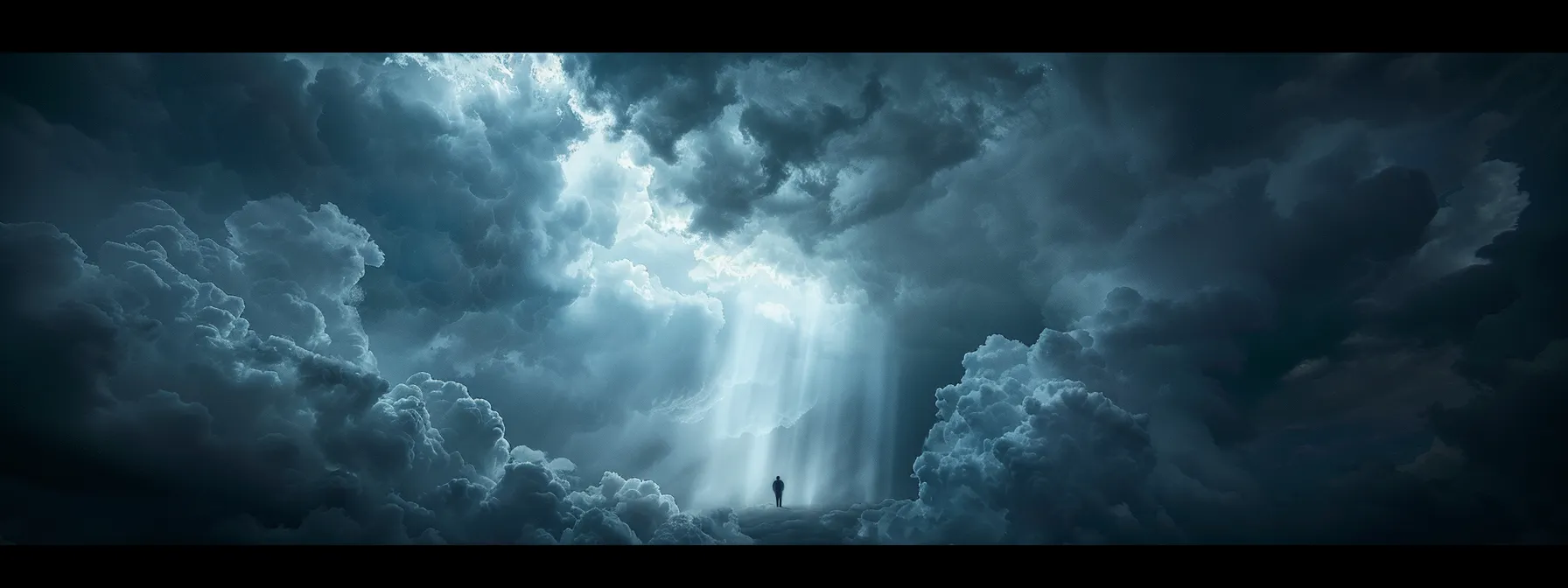 a person standing strong in a storm, surrounded by dark clouds, but holding onto a ray of light breaking through the darkness.