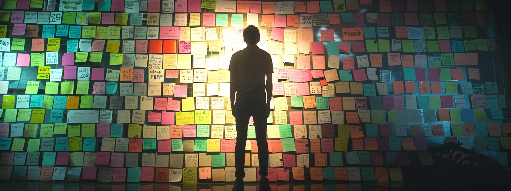 a person standing tall, surrounded by a wall covered in sticky notes of accomplishments and setbacks, symbolizing the journey of maintaining motivation in overcoming challenges.