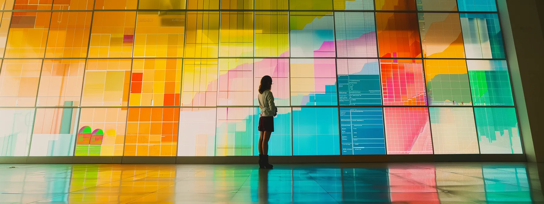 a person stands in a bright room, surrounded by colorful charts and graphs, demonstrating the powerful fusion of creativity and data science in problem-solving.